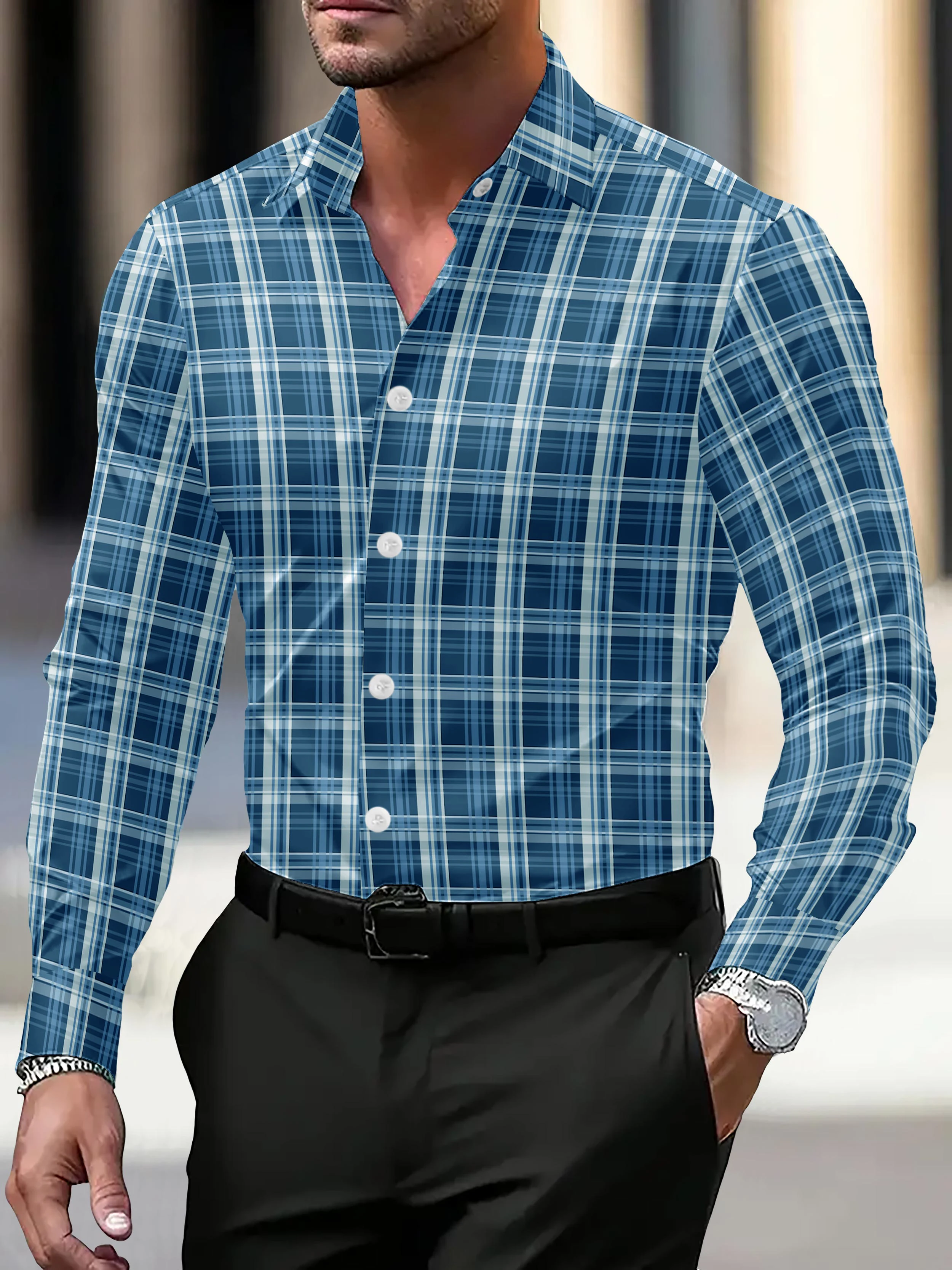 Men's long sleeved shirt casual lapel shirt, fashionable digital printed top, fashionable checkered printed top, machine washab