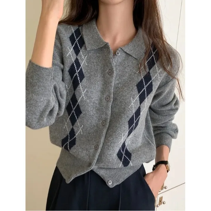 Classic Retro Geometric Color Block Knitted Open Cardigan Casual Comfortable Korean Style Women's Sweater Autumn Winter