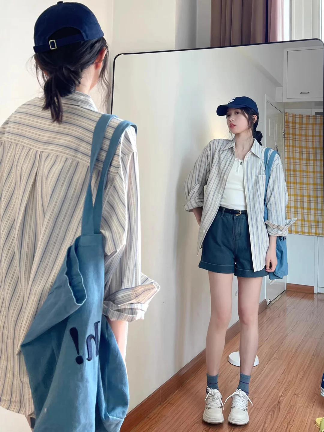 Blue Striped Long Sleeve Women's Shirt Jacket Lightweight Sun Protection Design Unique Top Korean Style Loose Fit Daily Wear