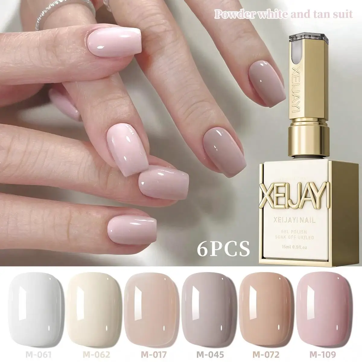 Zestaw 6 lakierów hybrydowych UV/LED w odcieniach nude i beżu, długotrwałe żele do manicure typu soak off, idealne do eleganckiego manicure francuskiego i ombre.