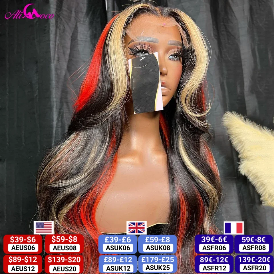 Hitam dengan pirang merah 13x4 Wig depan 200 gelombang tubuh 13x6 Wig depan renda rambut Remy manusia untuk wanita rambut Brasil transparan