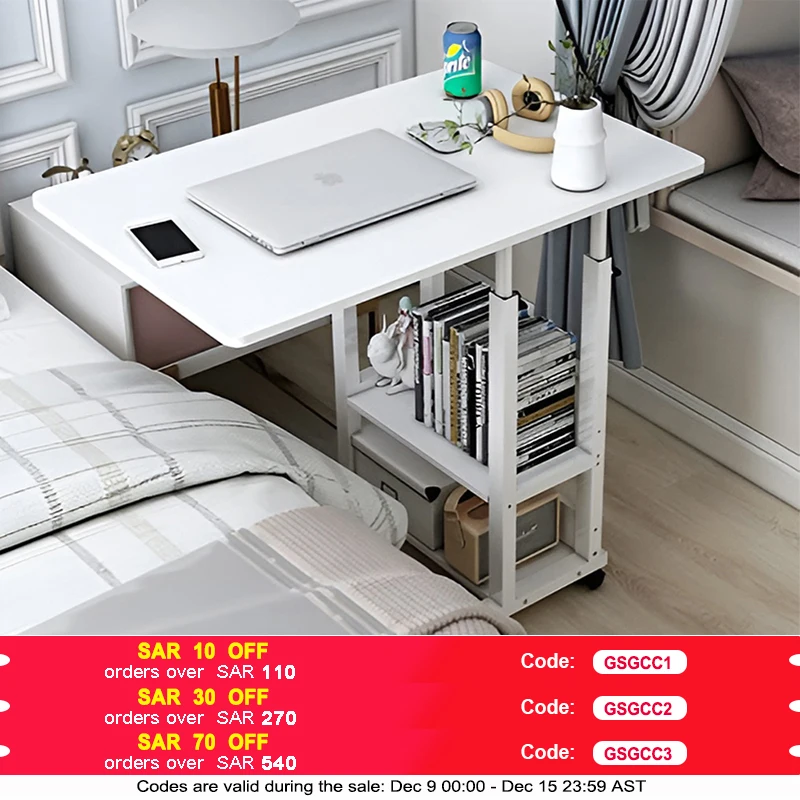 End Table Mobile Bedside Table with Wheels,Height Adjustable Sofa Table Desk, C Shaped Snack Side Table with Storage Shelves