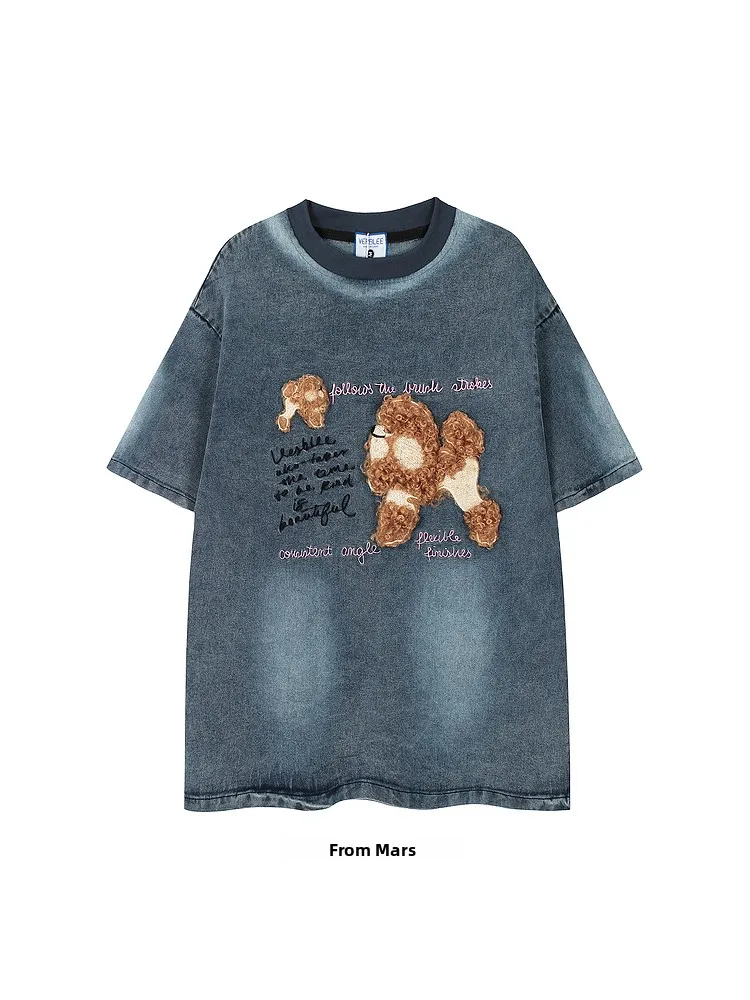 

from Pride Little Dog American Retro Fun Plu Print Jeans Loose ort Sve T-irt Summer BF Casual Youth Faion