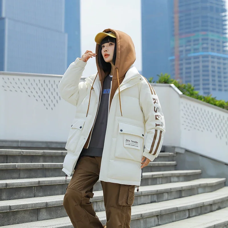 Men padded Clothing Autumn Winter New Solid Color Simple Work Style Large Pocket Outdoor Hooded Coat Men Mid-length Down Jacket