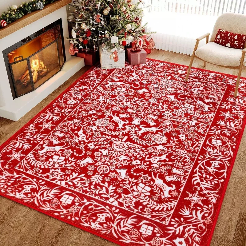 Christmas Day living room decoration red carpet Washable lounge floor mat Anti-slip bedside soft rug large area rugs for bedroom