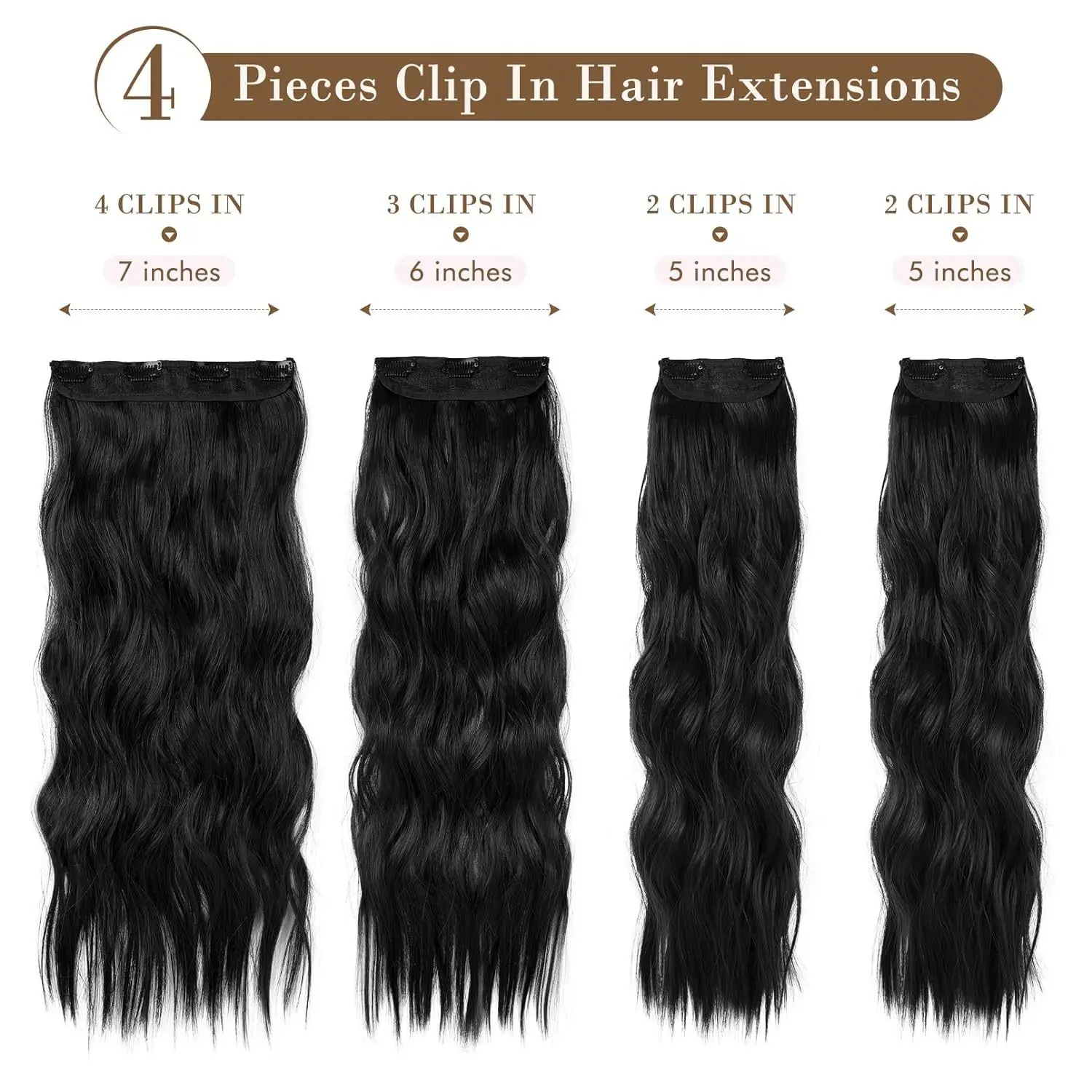 Clip in Black Hair Extensions 4 PCS for Women Thick Double Weft Wavy Soft Hair & Blends Well Long Wavy Hairpieces