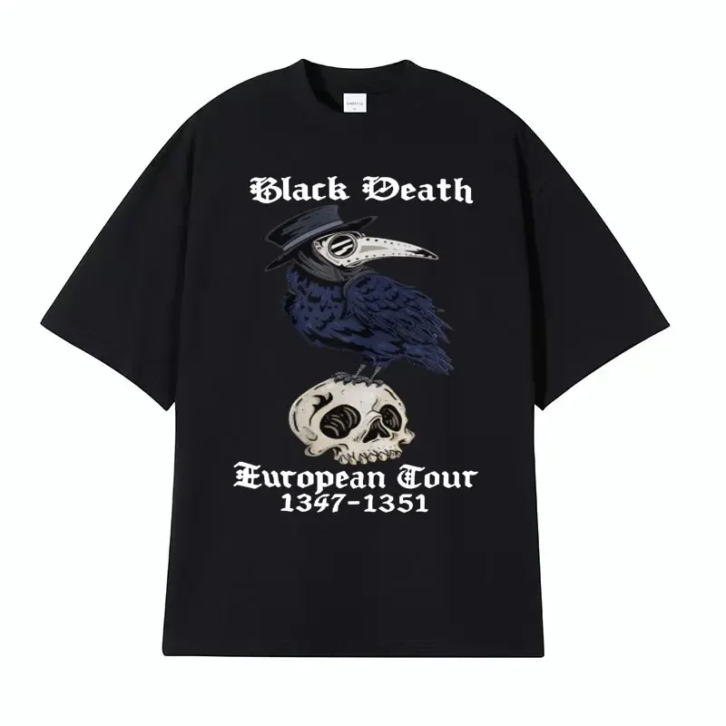 Join The Black Death European Tour with Our Raven Plague Doctor Crow Funny Meme TShirt for Men Harajuku Oversized Cotton T-shirt