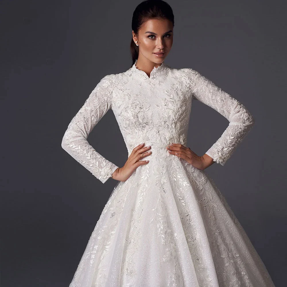 Abiti da sposa eleganti A Line 2024 Abito da sposa con paillettes in pizzo a maniche lunghe con o-collo Abiti da sposa principessa personalizzati di alta qualità