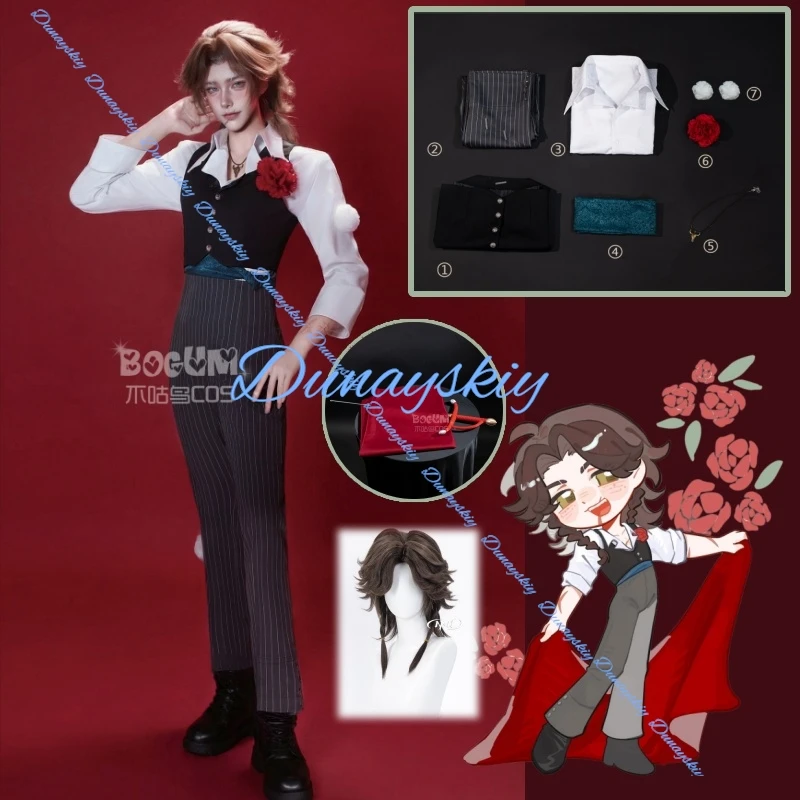 Disfraz de Cosplay de Matador de Identity V, Peluca, Accesorios, Chaleco, Pantalones, Collar, Flor, Atuendo Masculino para Fiesta, Halloween, Juego de Roles