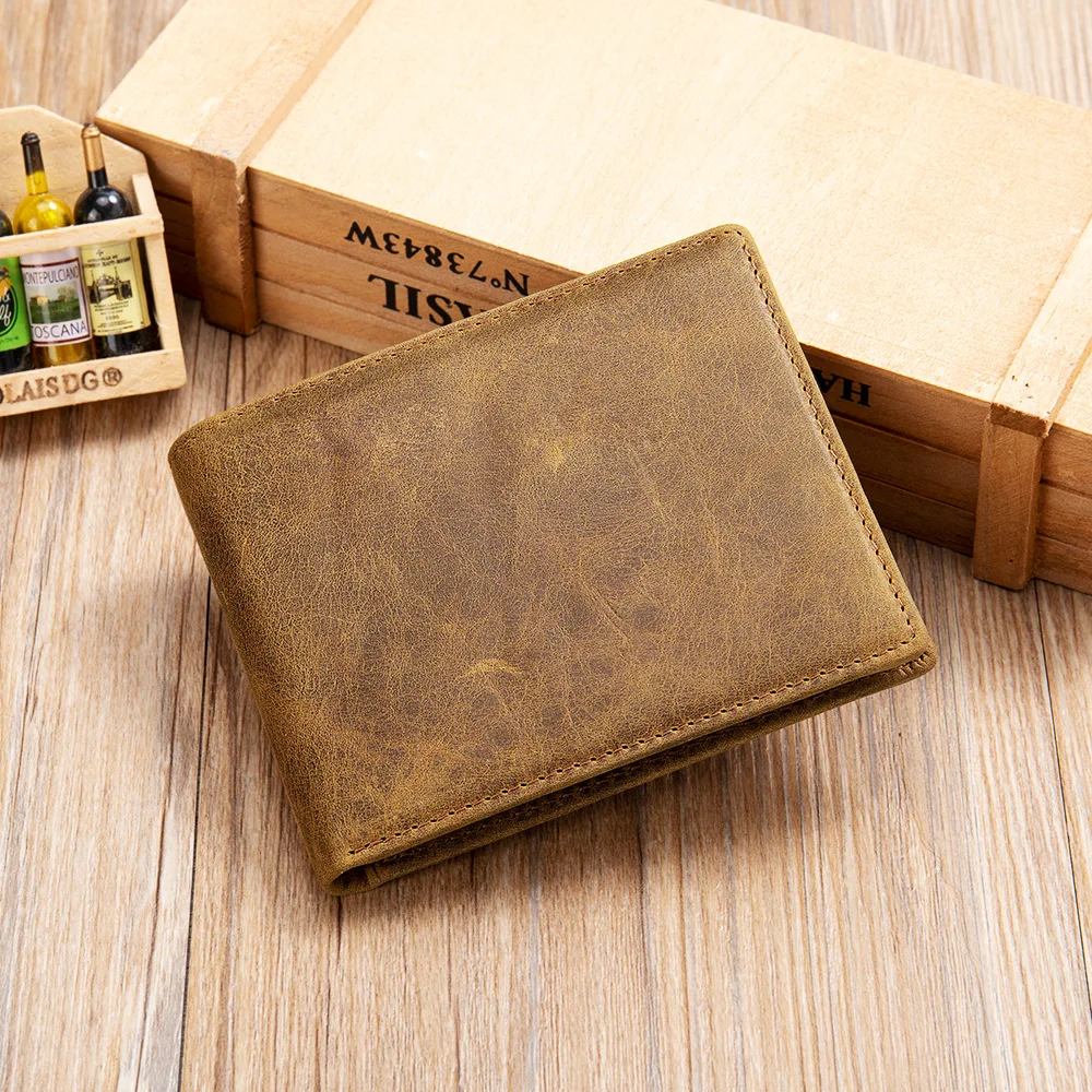Men's Genuine Leather Short Bifold Wallet Top Layer Cowhide Card Holder Purse Vintage Slim Business Gift for Men