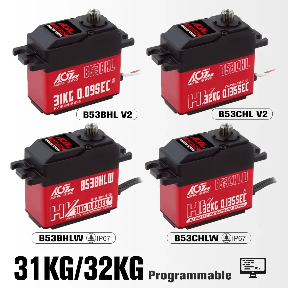 

AGFRC B53BHL B53CHL V2 31KG 32KG Magnetic Waterproof Coreless Torque Fast Speed Programmable Brushless Standard RC Servo