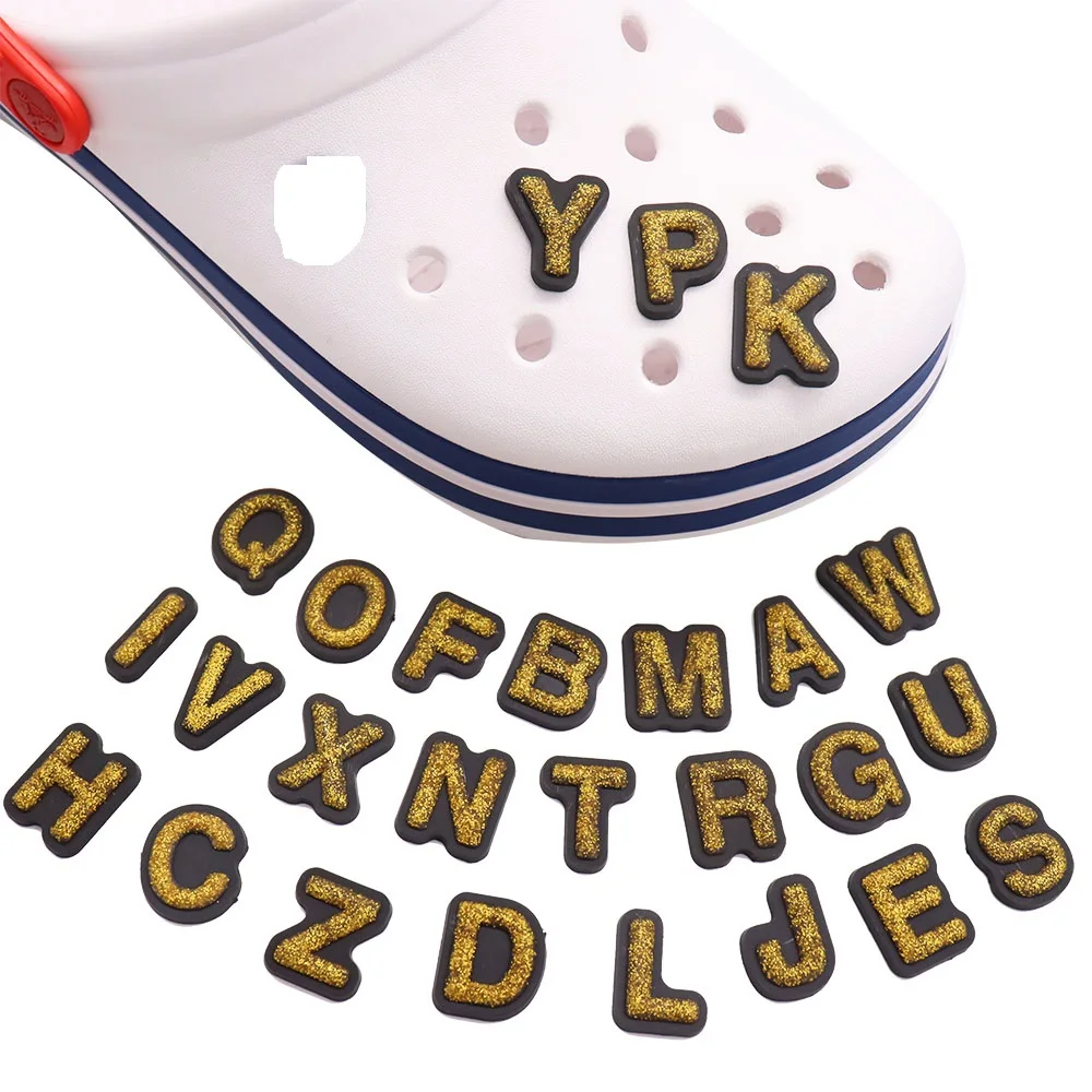 New 1pcs PVC Shoe Charms Golden 26 Letter Alphabet Sandals Shoes Decoration Buckle Clog Fit Wristband Slipper Accessories