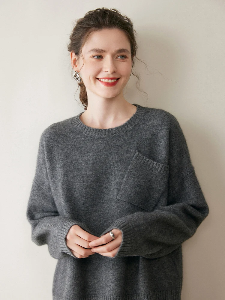 เสื้อสเวตเตอร์แคชเมียร์แท้ 100% สำหรับผู้หญิง ฤดูใบไม้ร่วง-ฤดูหนาว 2025 ทรงหลวม สวมหัว สบายๆ คอโอ ผ้าถักเนื้อนุ่ม มีกระเป๋า