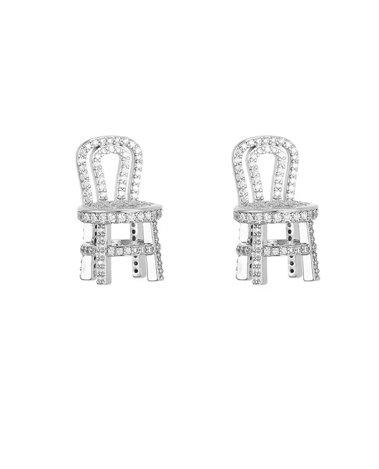 Unique Personality Full of Shiny Zircon Three-dimensional Chair Earrings Silver 925 for Women Exaggerated Banquet Party Jewelry