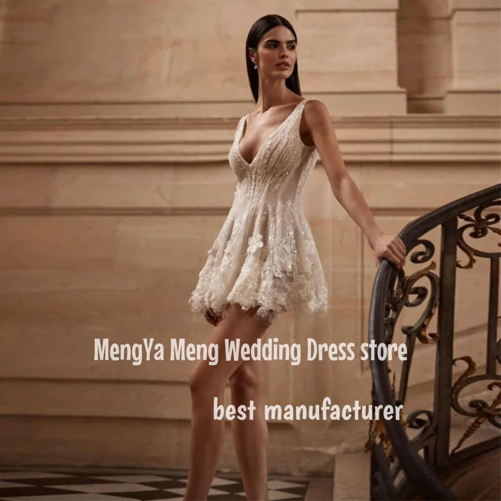 ZHUISHU-vestido de novia de encaje de lujo con lentejuelas, minivestido de novia con cuello en V y cremallera en la espalda, Vestido corto con cuentas, vestido de fiesta Formal personalizado 2025