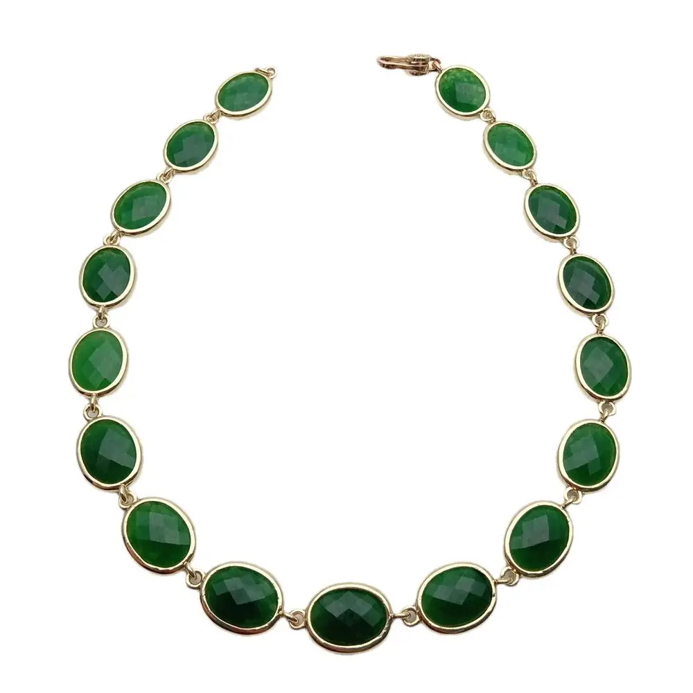 

YYGEM fashion 13x18mm Faceted oval Green Jade gold plated edged choker Necklace
