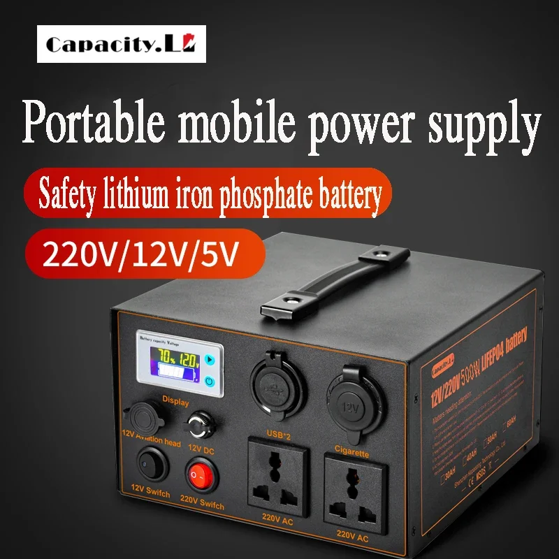 60AH 220V 500W Portable Power Station Pure Sine Wave Socket Rechargeable Lithium Battery Pack for Camping Backup Power Supply