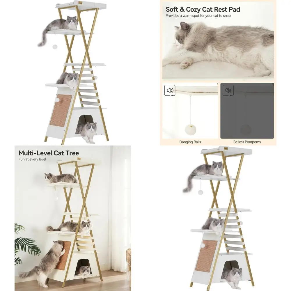 

Высокая кошачья лежанка-башня 72,4 дюйма с многоуровневым домиком, когтеточкой и съемными подушками, белая