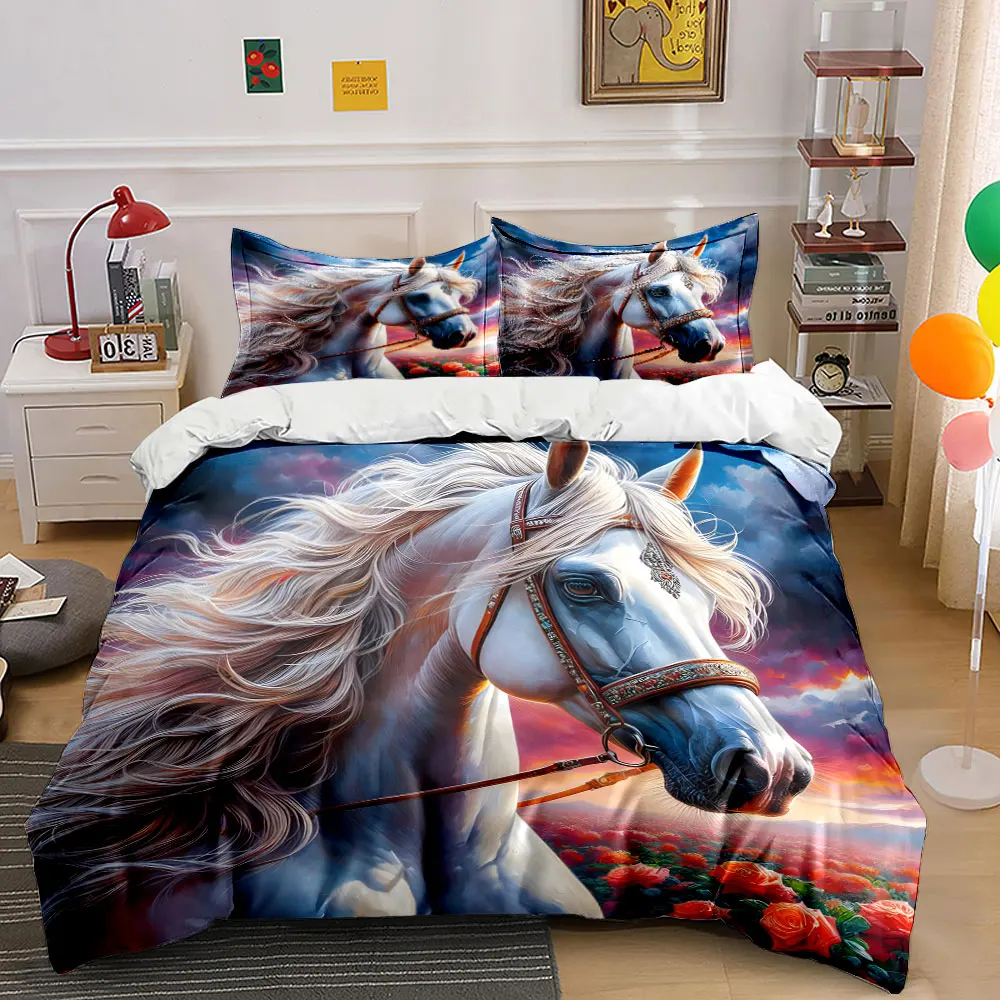 

3pcs White Horse with Rose Field Duvet Cover Set with 3D Printing Design Soft Polyester Bedding Set All-Season Comfort