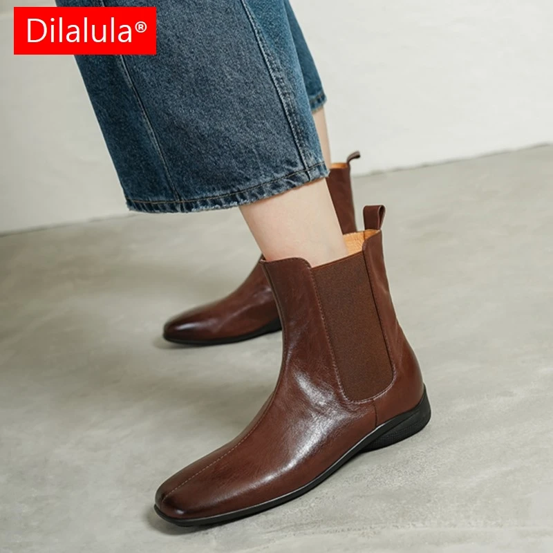 Dilalula 2026 Natural Cow Leather Women Chelsea Boots Square Toe Med Wedges Heels Retro Short Boots Female Leisure Shoes Winter