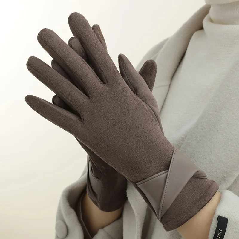 New Suede Gloves for Women Winter Plus Velvet Warm Commercial Style Temperament Bow Touch Screen Riding Driving