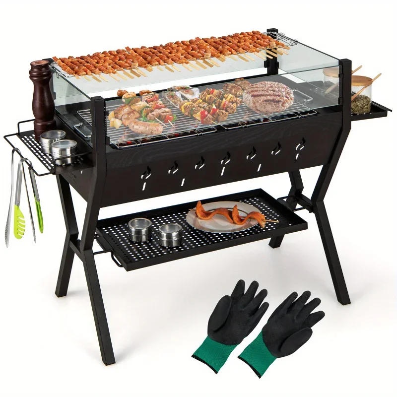 Parrilla de carbón de acero inoxidable Costway Deluxe con protector contra el viento de vidrio: área de cocción de 280" y estantes para condimentos, marco duradero en forma de X