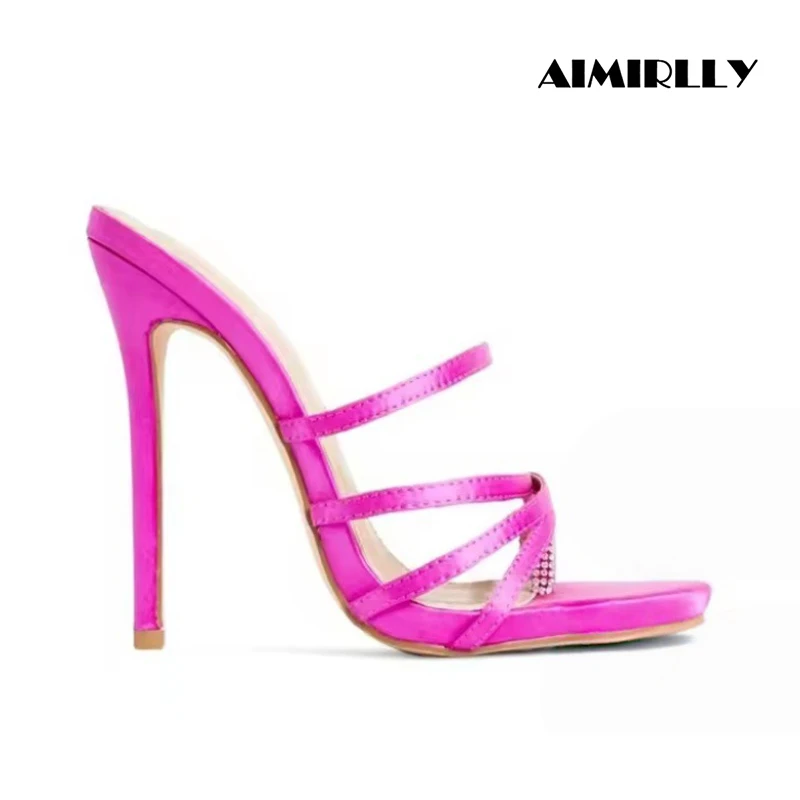 

Fashion Women Strappy Stiletto Hot Pink Mule Heels Open Toe Slip On High Heel Sandals Elegant Party Wedding Dress Shoes