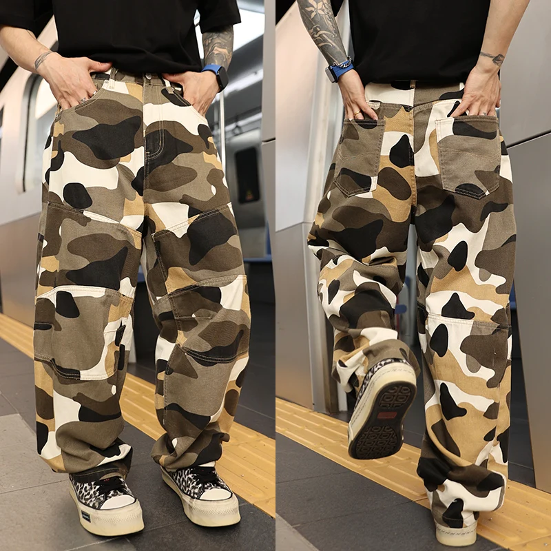 

GPT3613High street retro camouflage trousers men's American casual vintage do old design sense loose hundred jeans