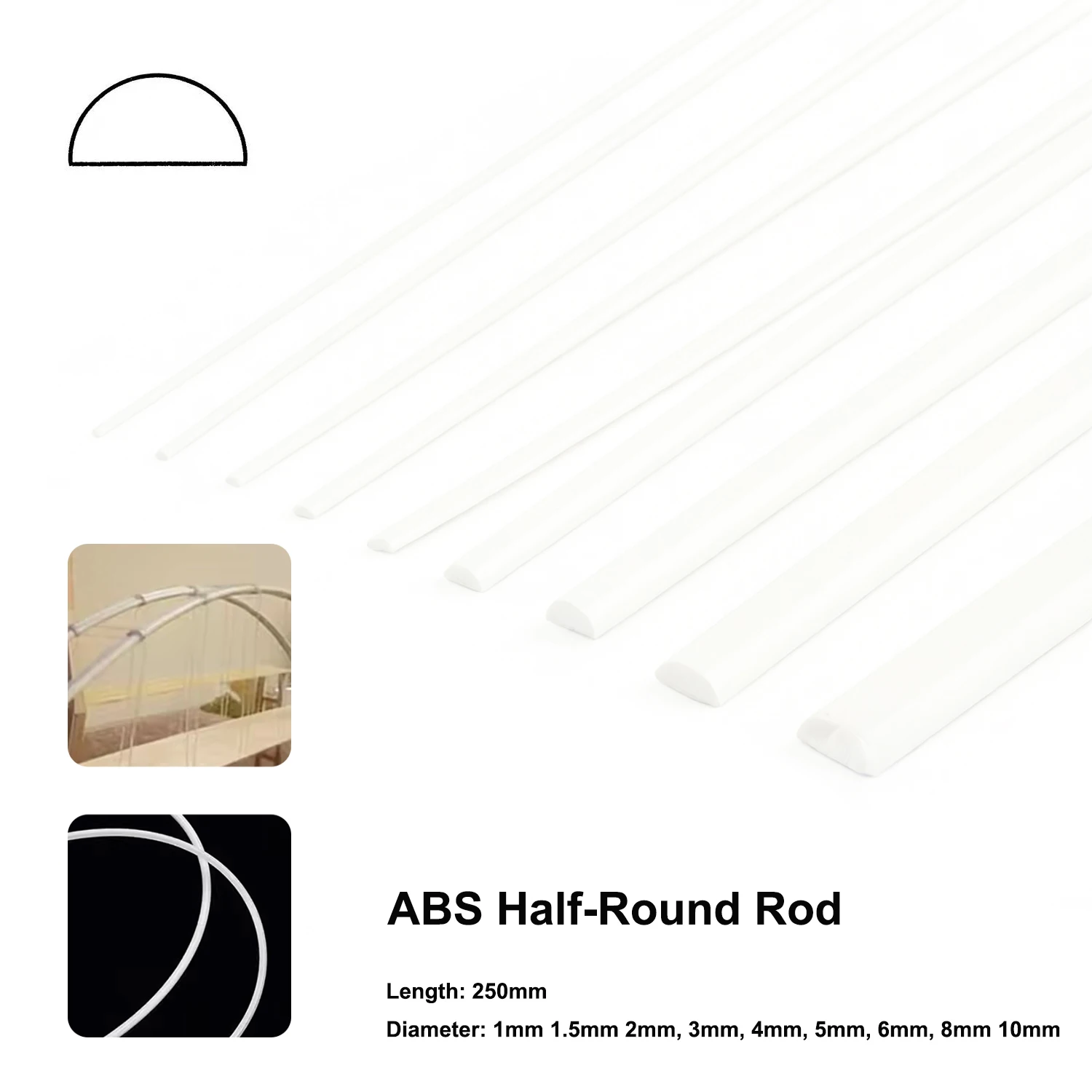 9/10 Pcs ABS Half Round Rods 250/500mm Semi-Circular DIY Model Building Architectural Sand Table