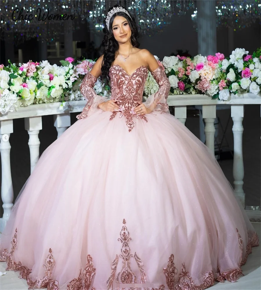 

Sparkly Pink Quinceanera Dress Sequin Vestidos De 15 Años Sweetheart Puffy Ruffles Sweet 16 Birthday Party Gown Xv Customized