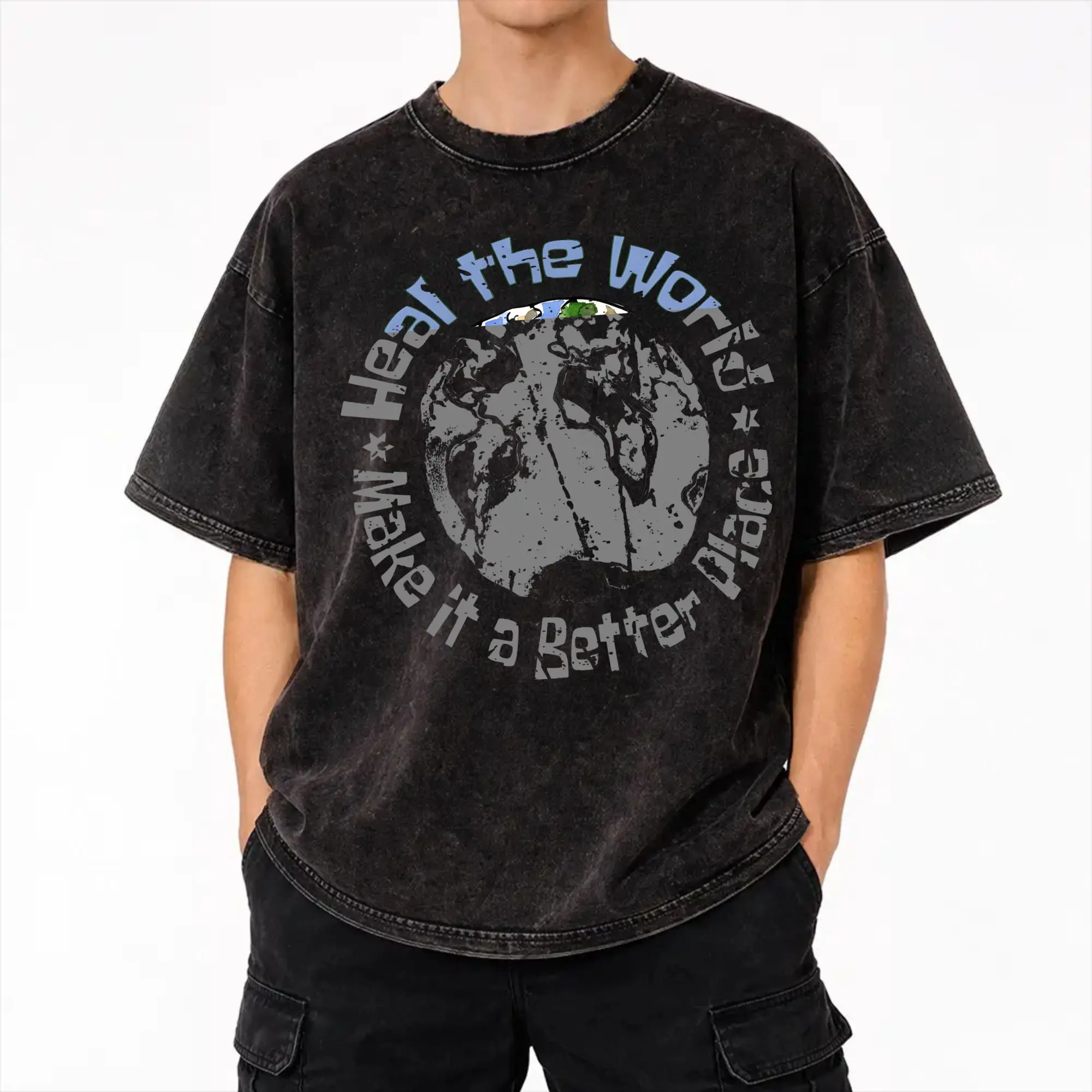Heal The World MJ Signature michaels jacksons Washed T Shirt Streetwear Hip Hop Novelty T-Shirt  Tees Tops Streetwear