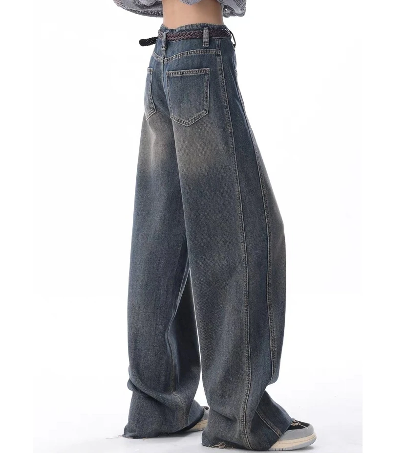

Американские уличные ретро старые широкие джинсы для женщин, осень 2023, новые модные брюки со средней и высокой талией для мытья полов