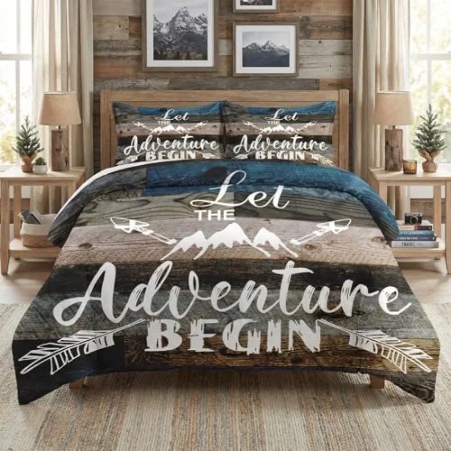 

Size Comforter Set with 2 Pillowcases, Camp Adventure Motivational 3 Pcs Bedding for and Adults, Vintage Inspirational World So