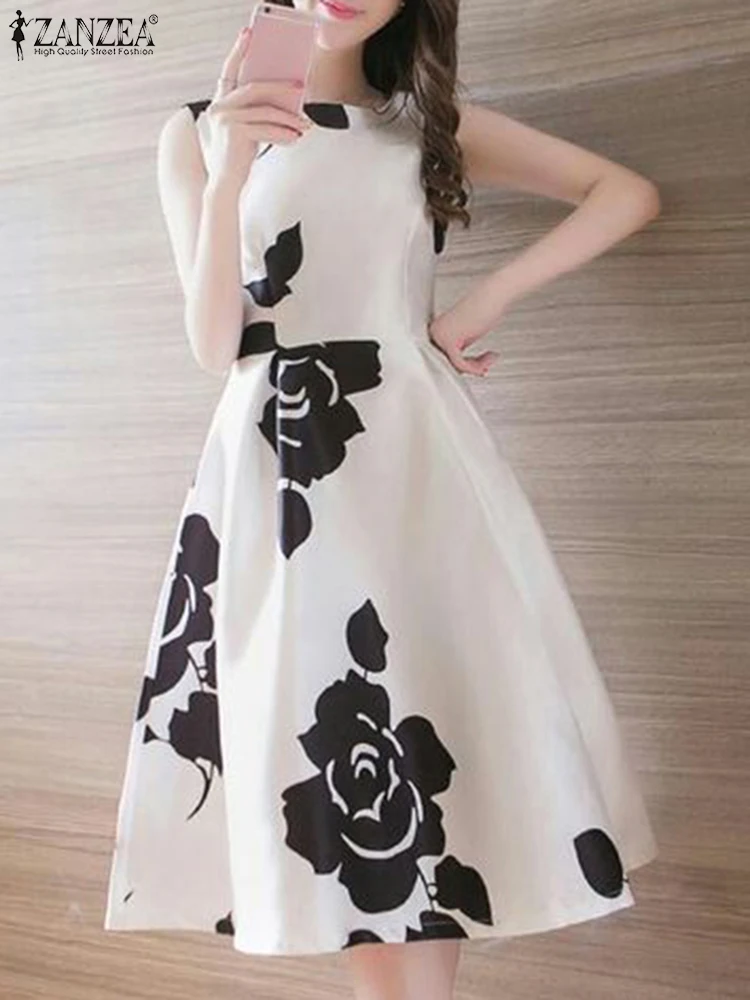 ZANZEA Elegant Sleeveless Floral Print Dress Women Korean Waist A-line Tank Midi Robe 2024 Summer Fashion Round Neck Party Dress