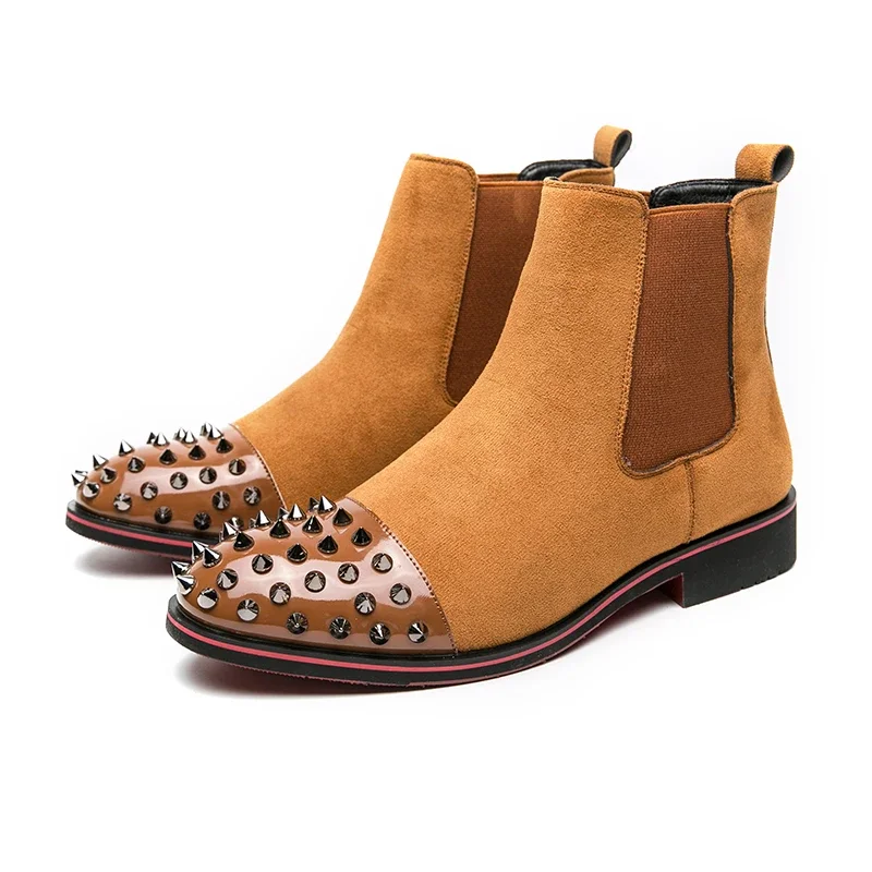New Brown Men Chelsea Boots Flock Rivet Square Toe Red Sole Punk Handmade Men Short Boots Bottes Pour Hommes