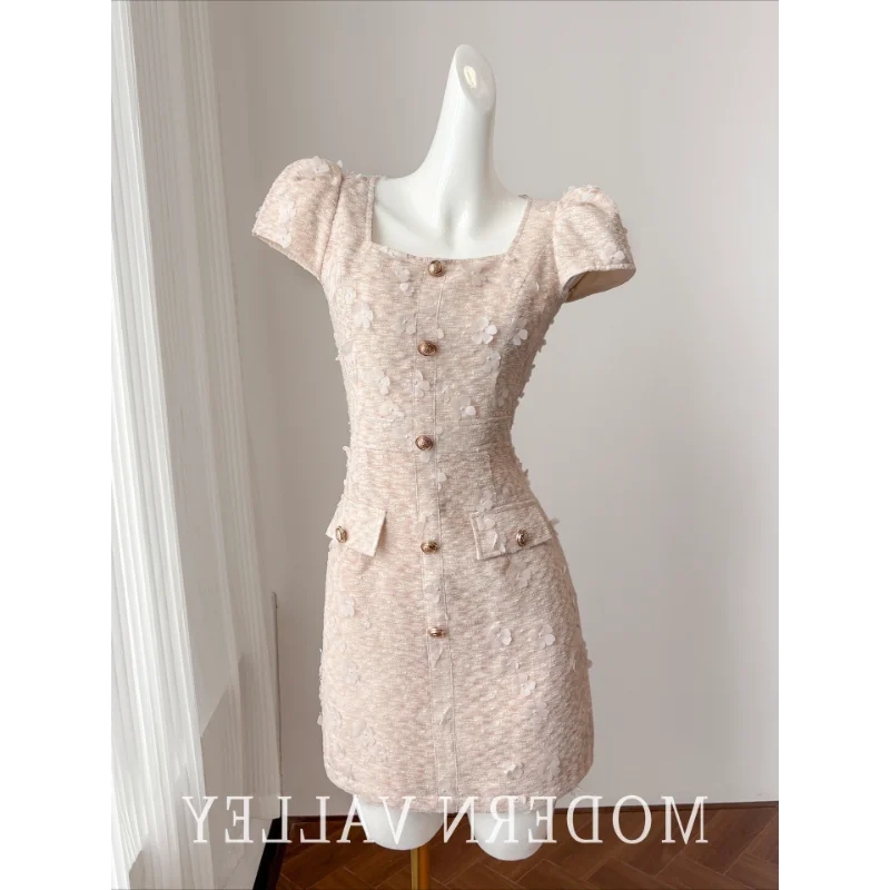 핑크 스퀘어 칼라 빈티지 향수 드레스 여성 여름 프랑스어 고품질 짧은 소매 달콤한 파티 결혼식 여성 짧은 드레스