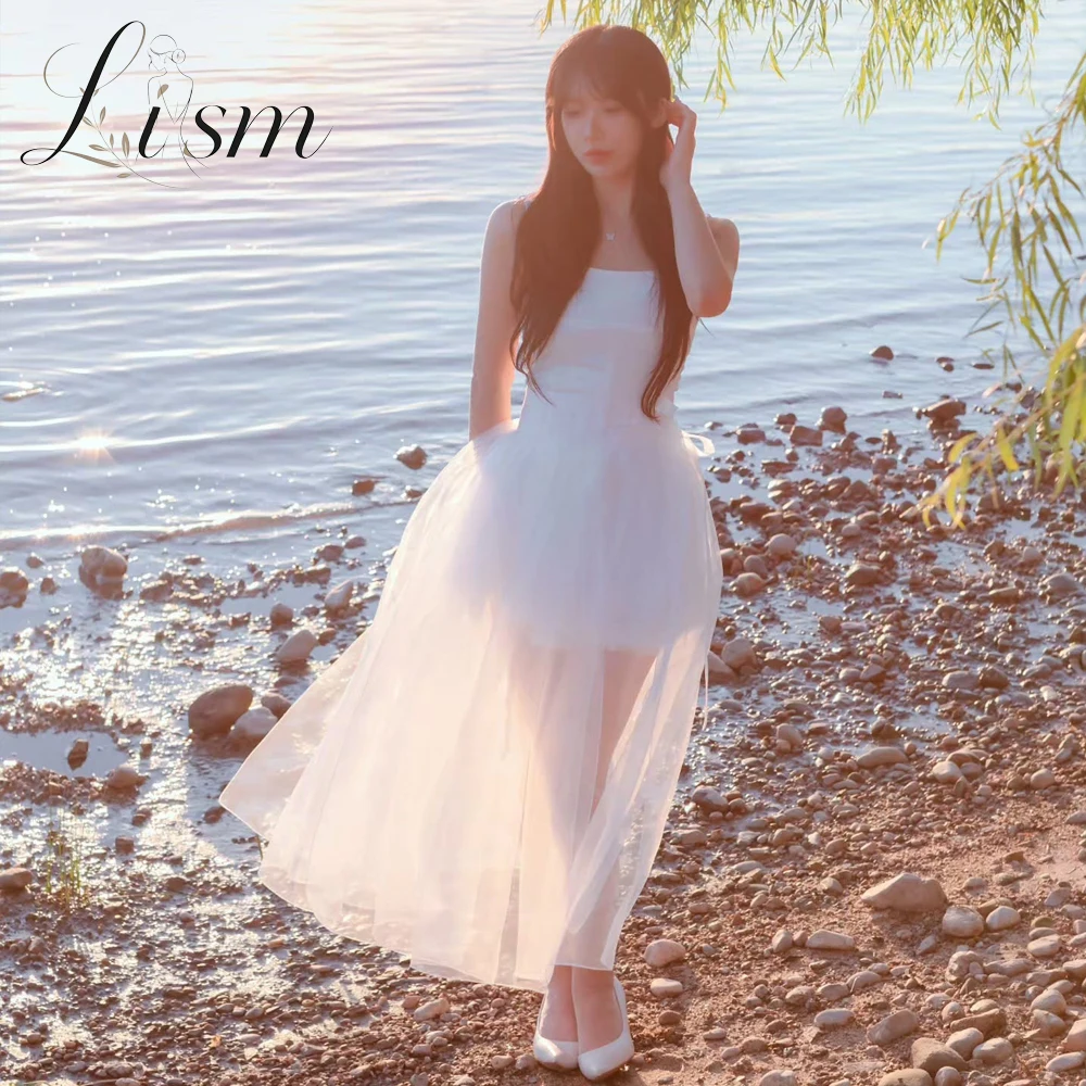Lism Modern Spaghetti Strap Tulle Maxi Dress Flowy Sheer Long Dress Women Beach Wedding Photoshoot Casual Formal Gown Customized