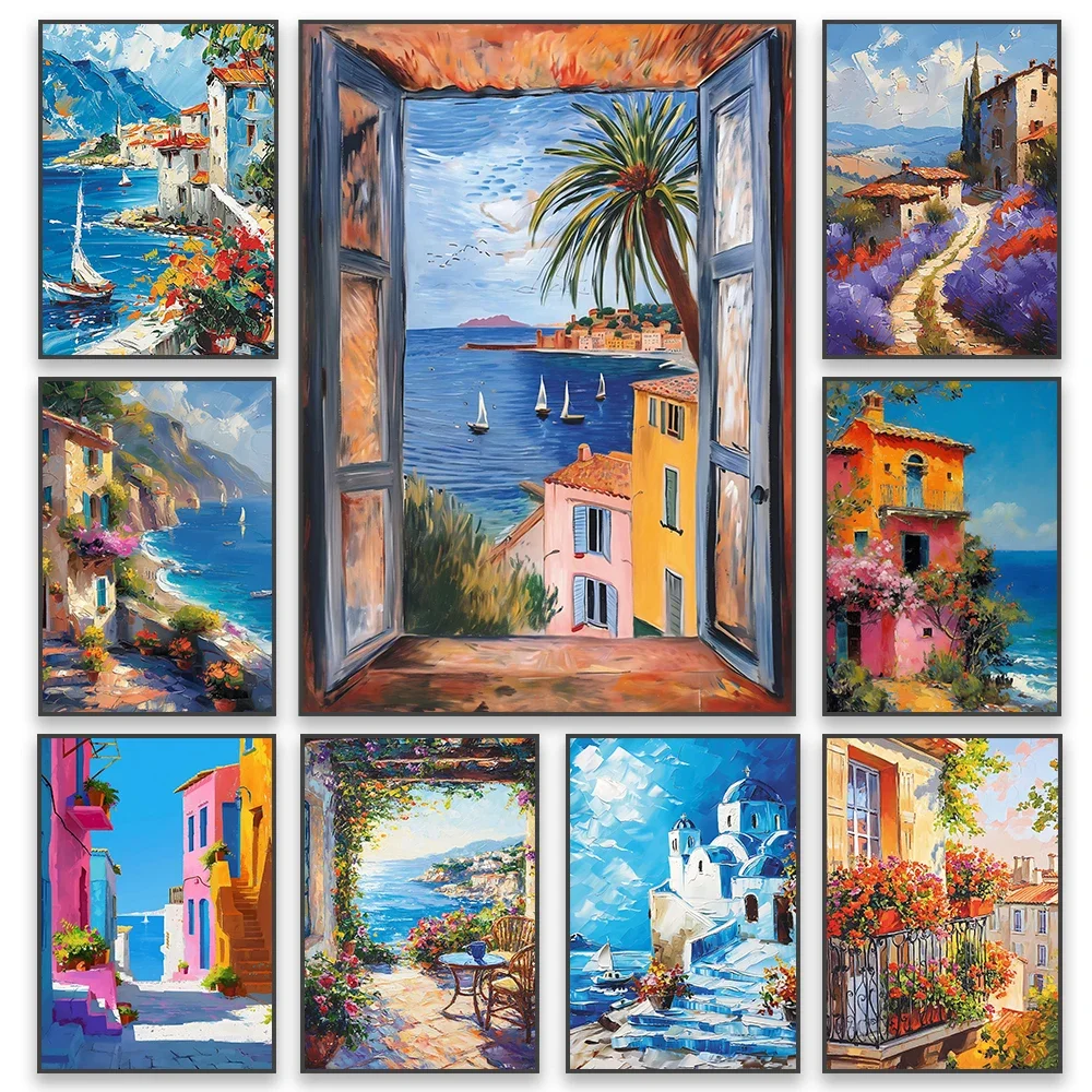 1pc frameless Canvas Painting Mediterranean Poster Coastal Balcony View Travel Print Santorini Church Art Print Greek Island Lan