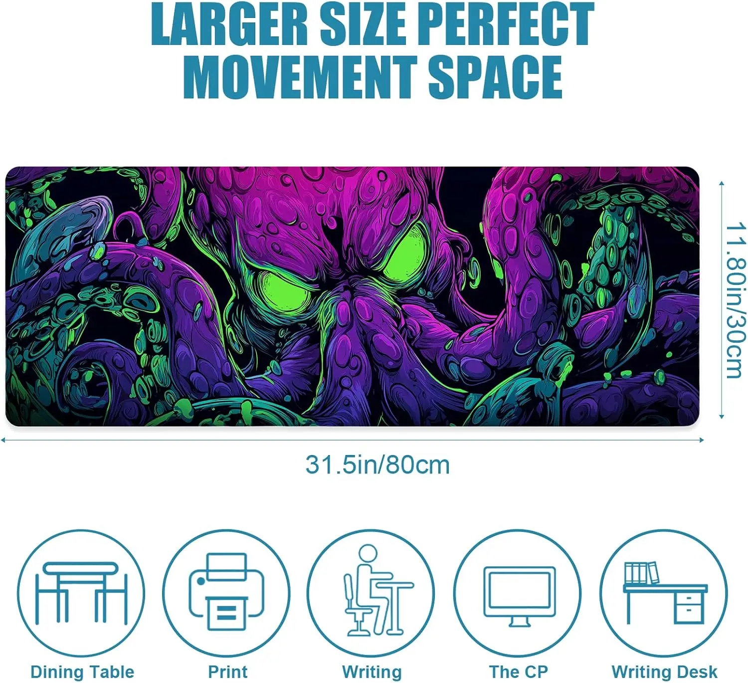 Vibrant Sea Monster Gaming Desk Pad,Psychedelic Purple‑Green Octopus Art Design,Non‑Slip Mouse Mat For Laptop PC Home Office Use