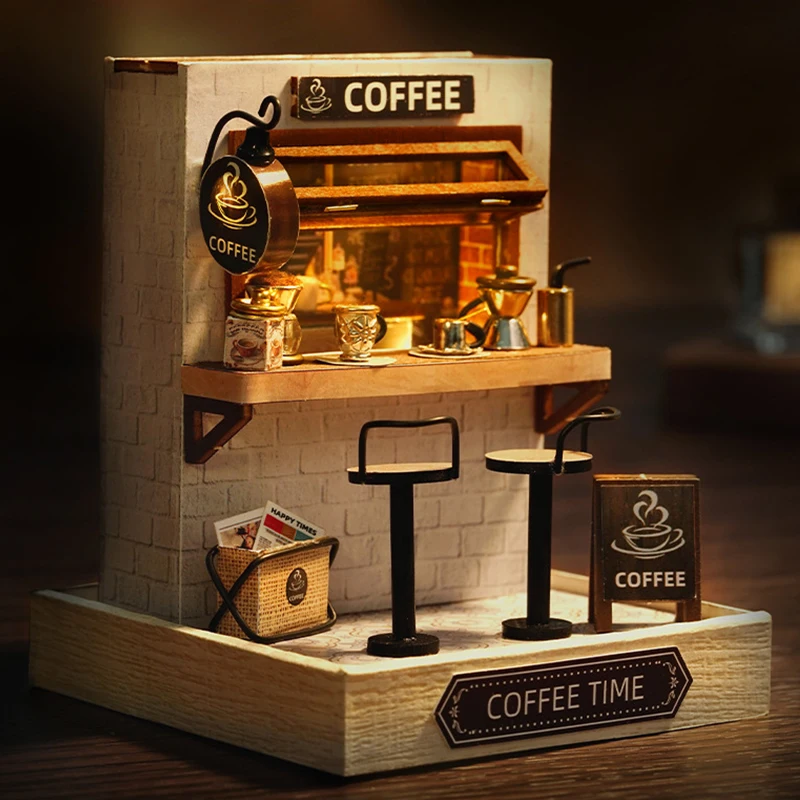 Coffee Shop Wooden Mini Doll House DIY Small House Kit  3D Puzzle Assembly Toy Miniature Dollhouse With Furniture Lighting Gifts