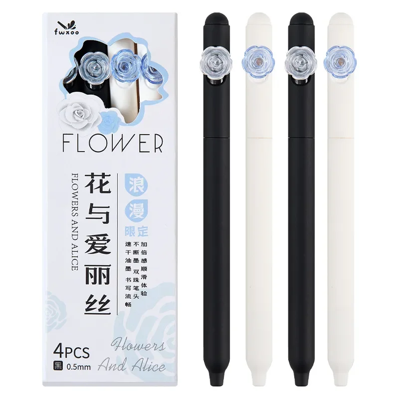 4 pezzi penna Gel rotante CS inchiostro nero ad asciugatura rapida romantico fiore di rosa e penne Gel estetiche serie Alice cancelleria Kawaii regalo per ragazze