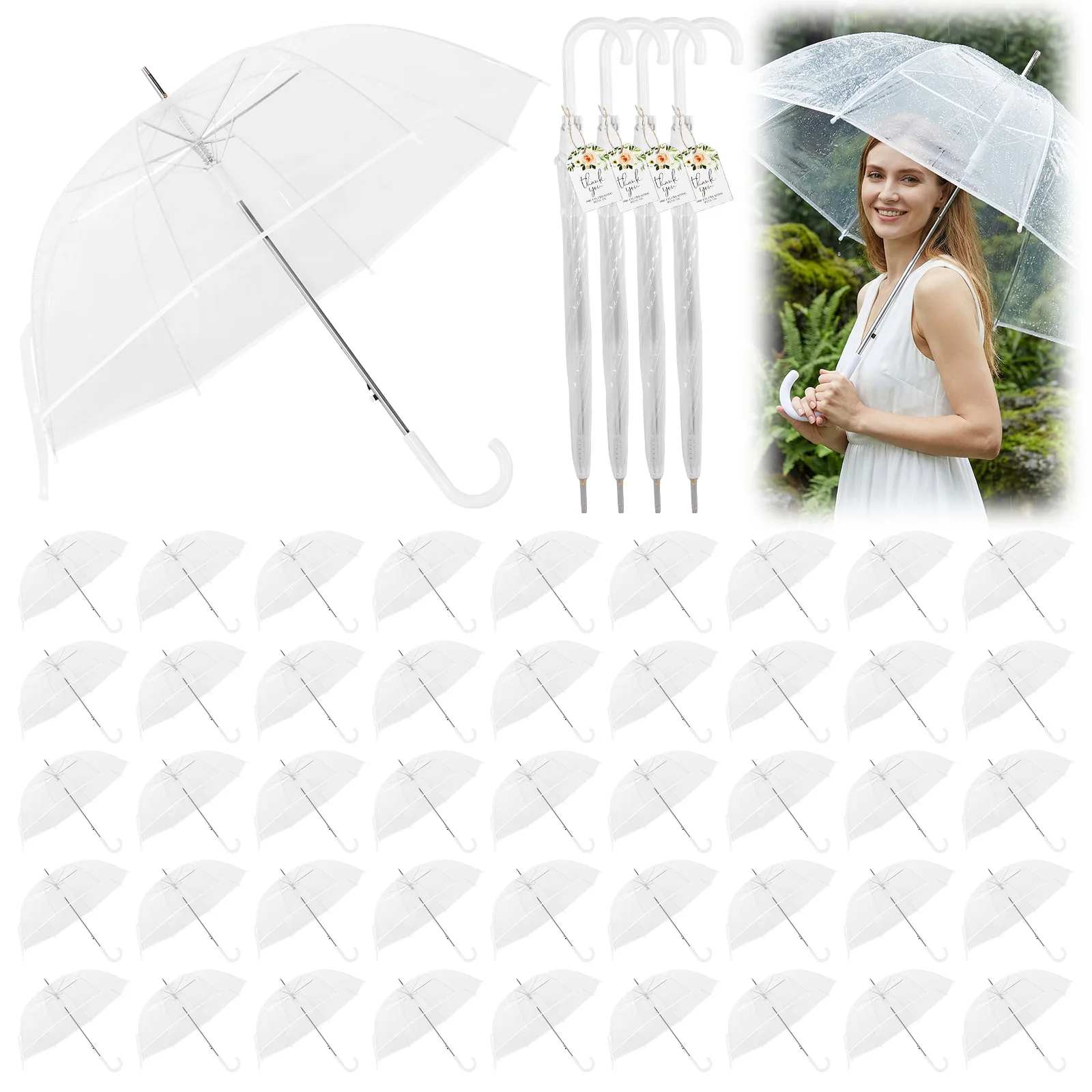 

52 Inch Large Auto Open Clear Dome Umbrella with Classic Hook Handle with Thank You Tags and Rope Wedding Favors for Guest