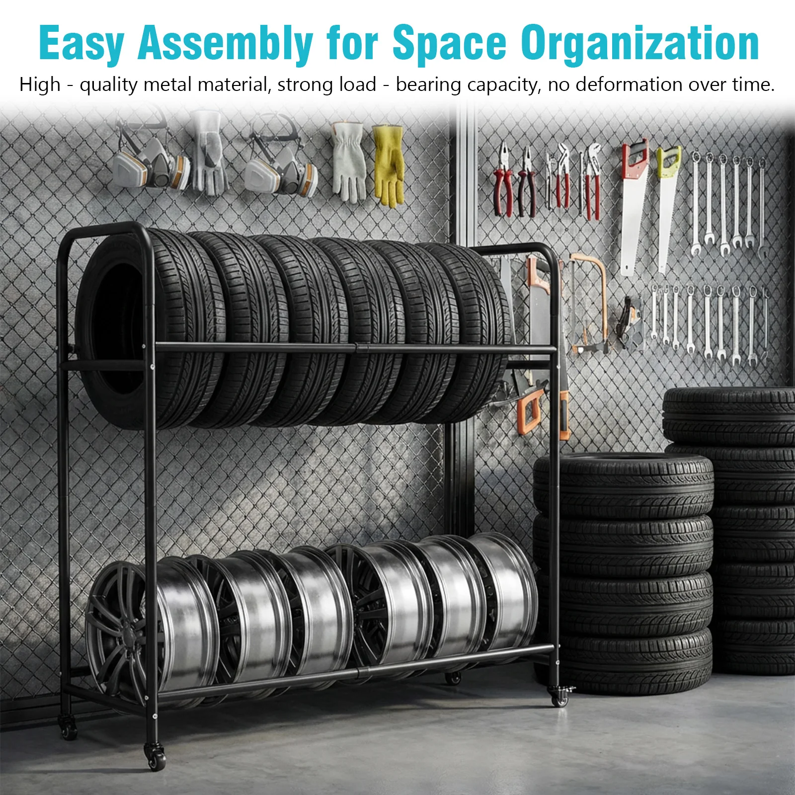 

Heavy-Duty Wheel Rack 24.8-42.51x15.35x44.09 Inch Truck SUV Car Tire&Wheel Rack with 4 Swivel Casters for Garage Warehouse