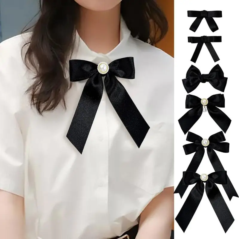 Black Ribbon Bow Pearl Brooch For Women Versatile Shirt Collar Pins Clothing Decoration Ribbon Tie Jewelry Accessories Gifts