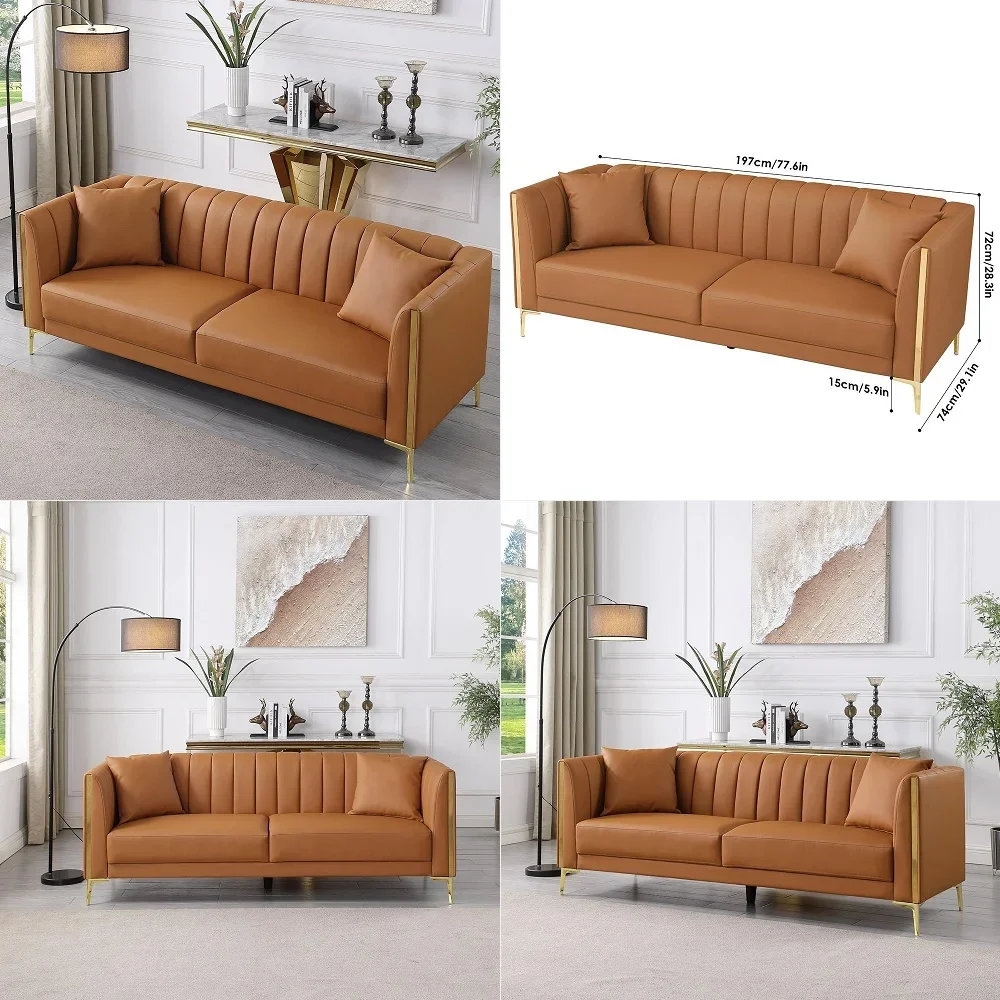 

Leather Couch Sofa, Office Couches 78 Apartment Faux Leather Sofa with 2 Throw Pillows amp Gold Metal Legs, Waterproof 3 Seater