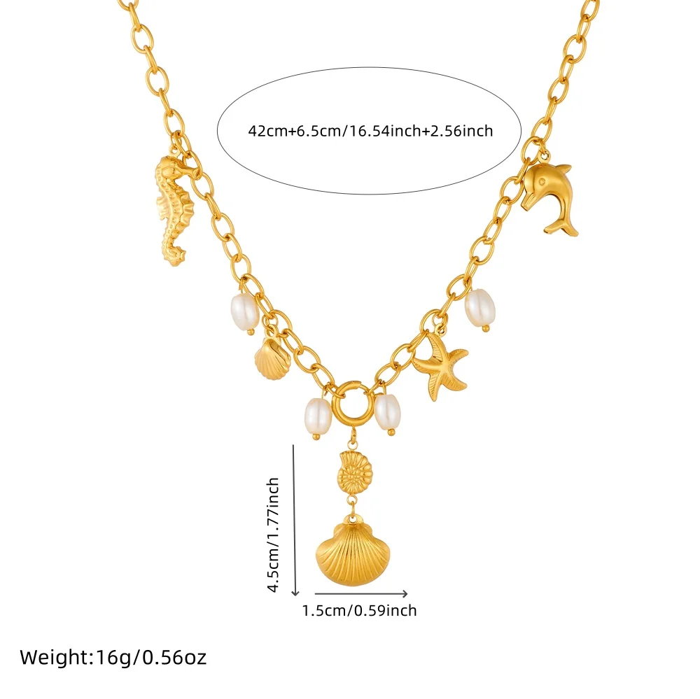 MEYRROYU 316L Stainless Steel Classic Ocean Animals Dolphin Seahorse Starfish Shell Pendant Necklace Women New Trend Neck Chain