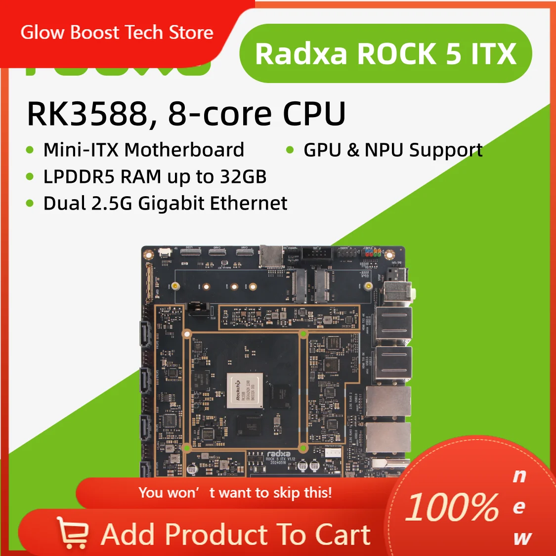 NYRadxa ROCK 5 ITX, CPU 8-inti RK3588, Motherboard Mini-ITX, RAM LPDDR5, HDMI 8K, Komputer Papan Tunggal
