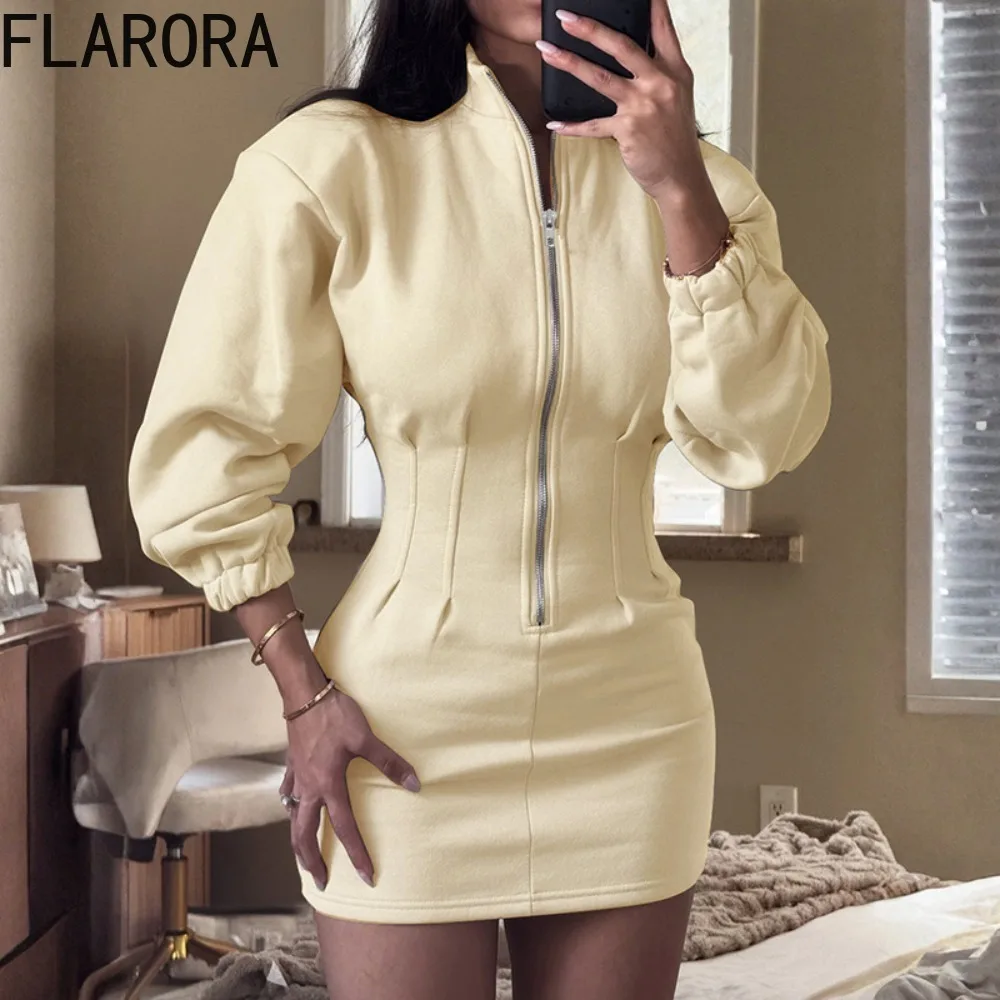

FLARORA Fall Casual Solid Color Waist Cincher Mini Dress Woman Stand Collar Long Sleeve Zipper Dresses Female Street Vestidos