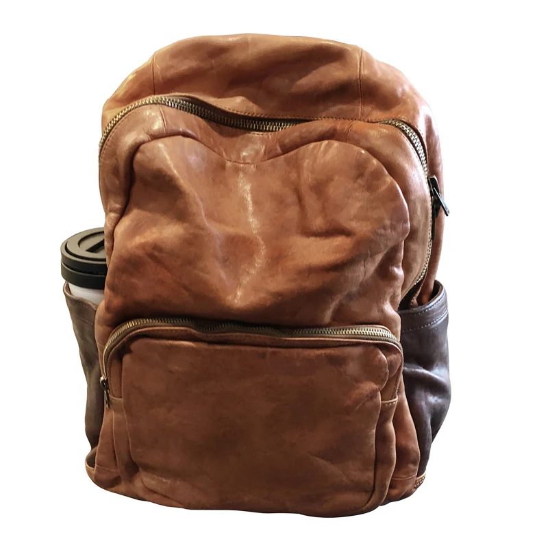 Vegetable Tanned Leather Men Backpack Large Capacity Washed To Make Old Leather Travel Backpacks Vintage Leather Shoulder Bag