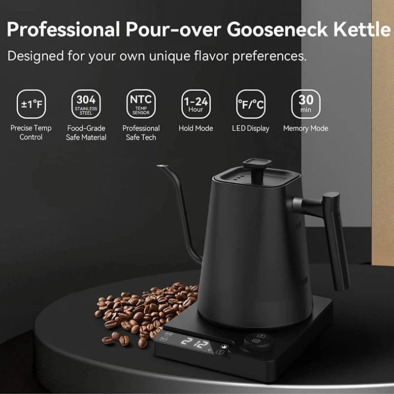 220V Gooseneck  Kettle 1000ml Smart Temperature Control Pot 1200W Rapid Heating Kettle 304 Stainless Steel Liner